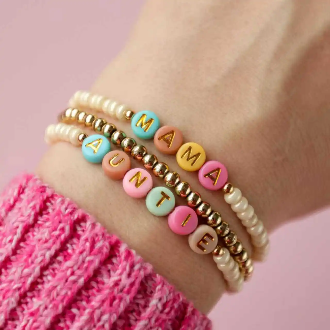 DOREMI Personalized Alphabet Bracelet Custom Name Colorful Beaded Pearl Style Stack Gift For Mother Daughter And Aunt