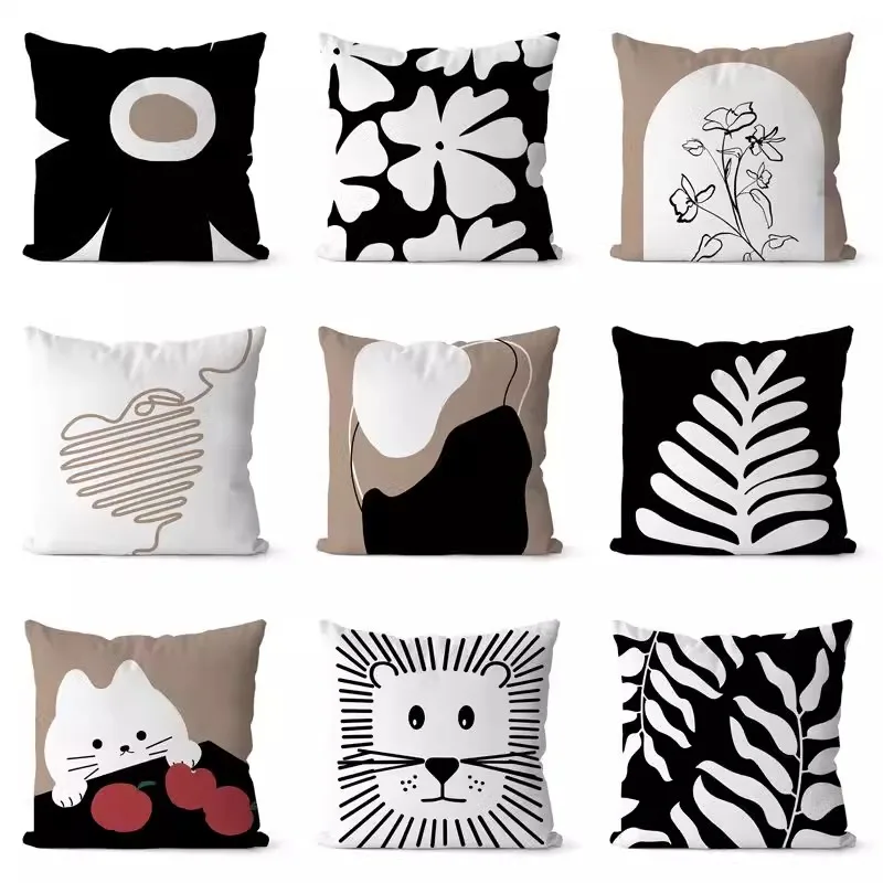 

Black and White Floral Pillowcase Dormitory Decoration Office Living Room Sofa Home Pillowcase