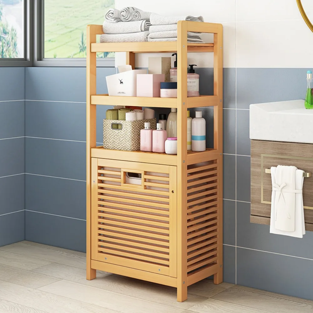 3/4 Tier Wooden Storage Hamper Laundry Hampers with Shelf Multi-function Bamboo Laundrys Basket Tilt Out Basket Laundry Baskets