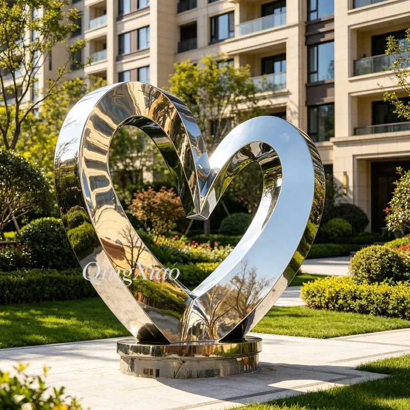 Mirror Polished Flat Heart Stainless Steel Sculpture Custom Size Style Decor For Outdoor Park Beach And Public Area Landscape