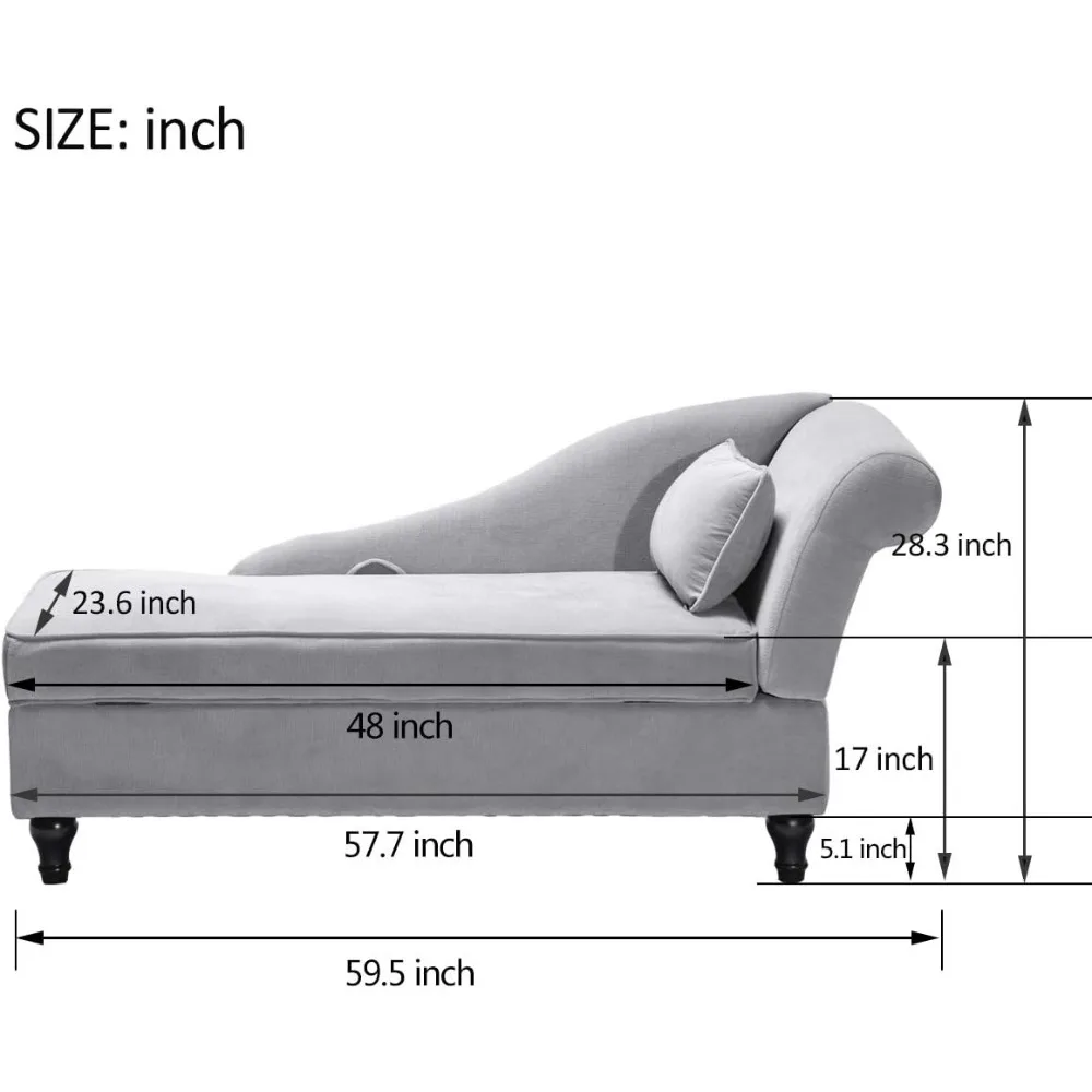 Storage Chaise Lounge Indoor Upholstered Sofa Recliner Lounge Chair for Living Room Bedroom Gray Velvet (Right Armrest)