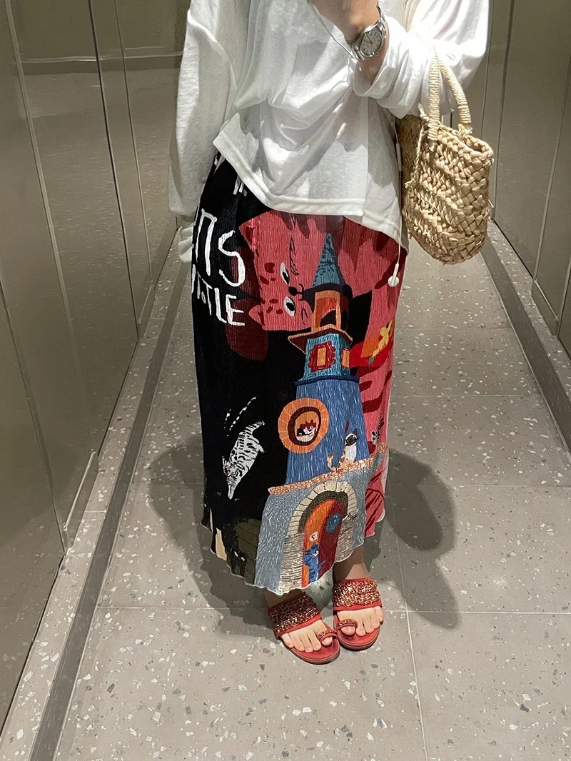 Ice Silk Abstract Cartoon  Print Pleated Half Skirt Women's Summer Thin One-Piece Beach Flower Skirt High Waist A-Line Skirt