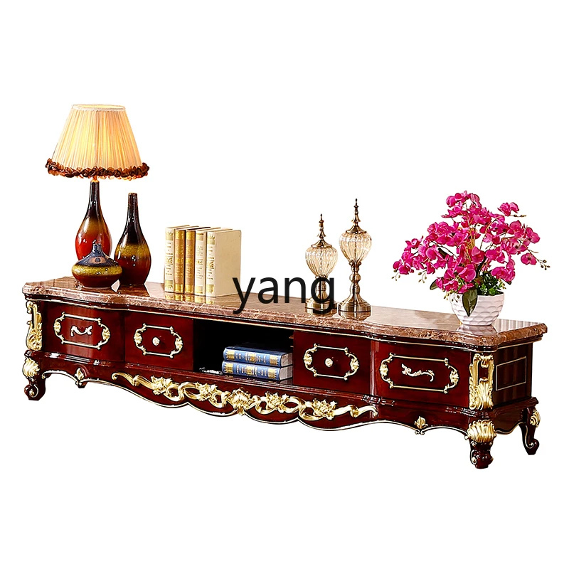 

YJQ marble TV cabinet living room red sandalwood luxury floor cabinet carved solid wood coffee table TV cabinet combination