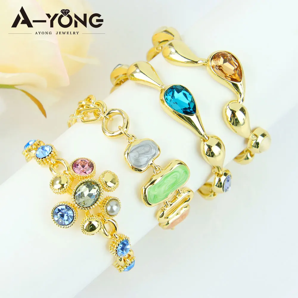 Exquisite Crystal Gold Bracelet 14K European Fashion Boho Colored Handmade Chains Italian Women Vintage Trendy Statement Jewelry-image