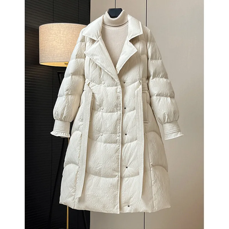 90%ホワイトダックダウンダウンジャケット2025冬新作女性ファッションスーツカラー厚手ダウンコートレディースレースアップロングパーカーオーバーコート