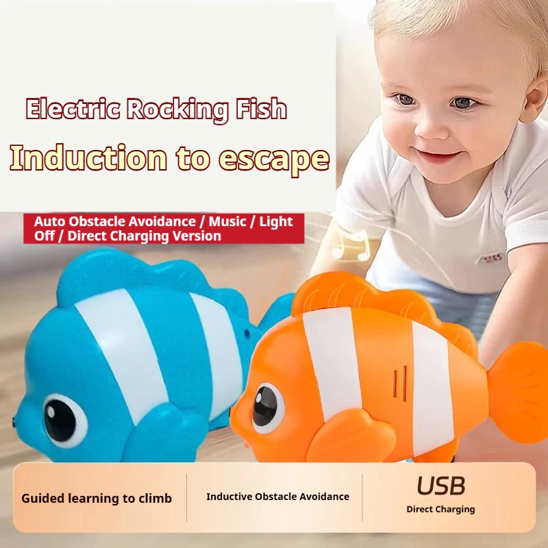 Electric Induction Fish Toy USB Rechargeable Music Light Obstacle Avoidance Moving Crawling Interactive Play Toy For Home 2026