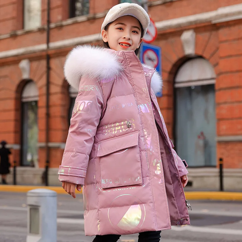 -30 Degree 2025 Russia Winter Down Jacket For Girl Real Fur Thick Warm Hooded Teenage Girl Outwear Coat 5-14 Years Kids Parkas