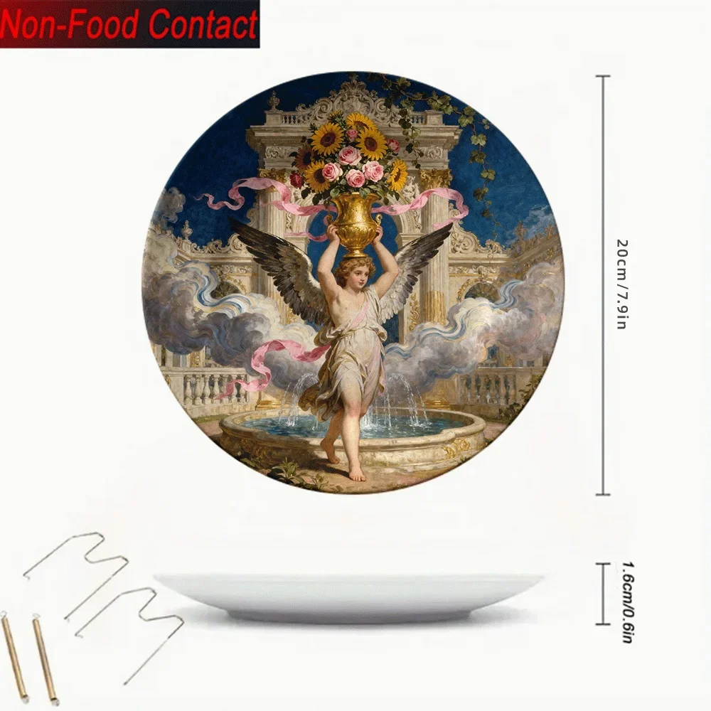 2D 1pc Ceramic Decorative Plate, Angel Flower Vase Fountain Architectural Pattern, Non-Consumable Pure Decorative Home Desktop