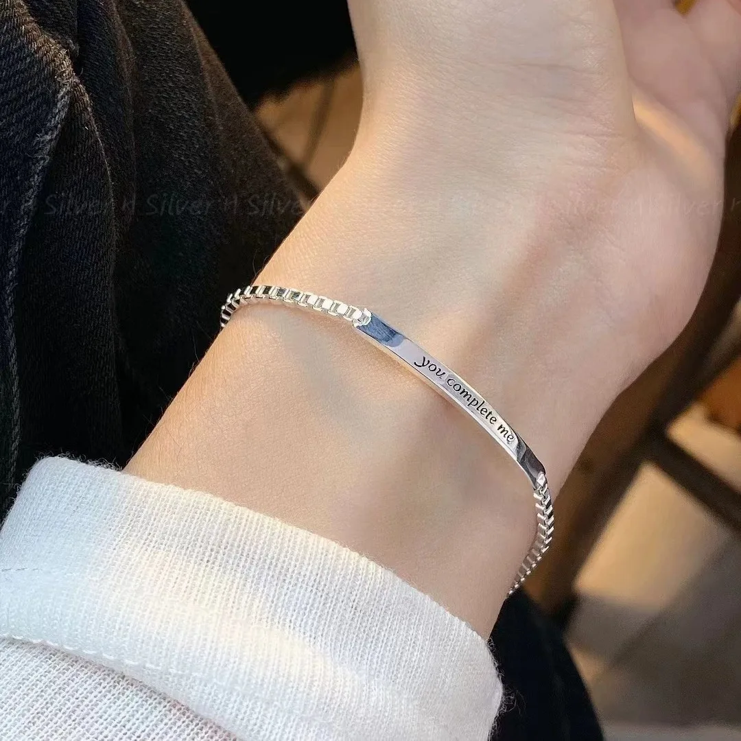 925 Sterling Silver Bracelet You Complete Me Word Geometric Cube Punk For Woman Girl Fashion Jewelry Gift Dropship Wholesale