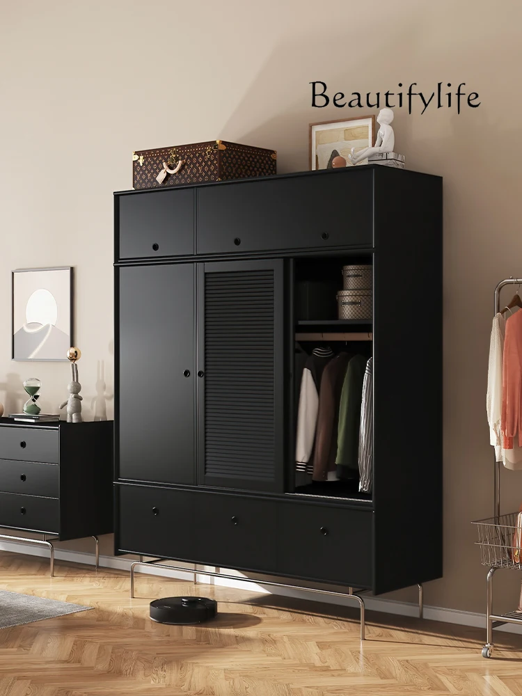 

Black Solid Wood Wardrobe Nordic Simple Home Sliding Door Wardrobe