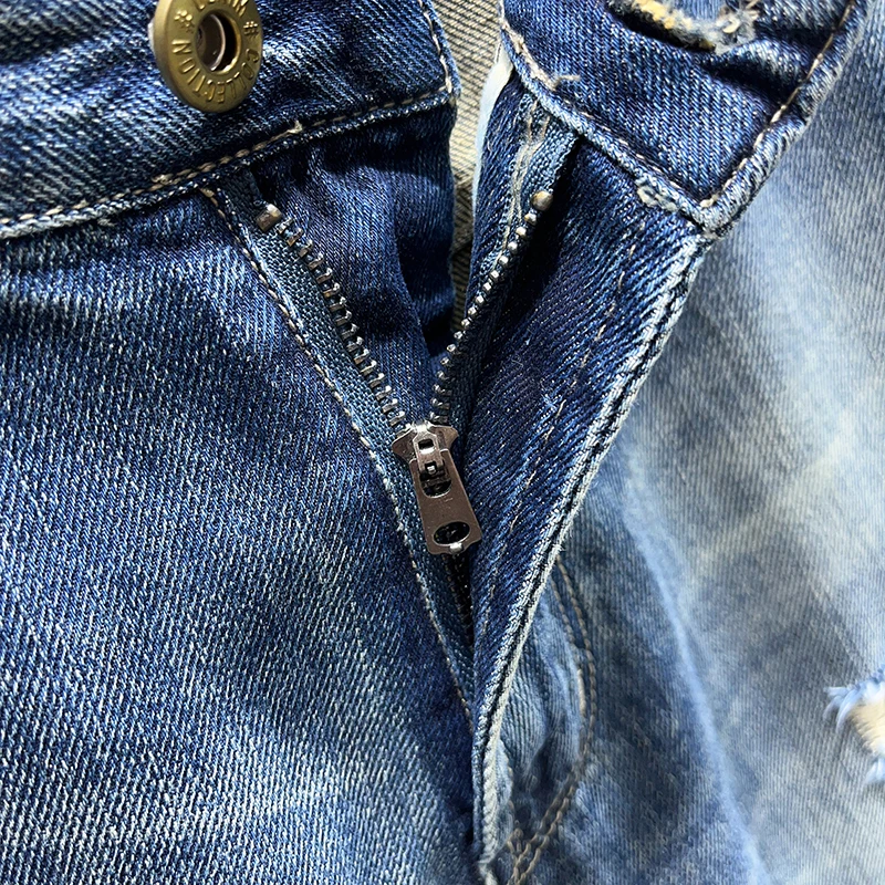 New summer trendy denim shorts men patchwork slim fit straight leg pants fashionable embroidery casual distressed jeans