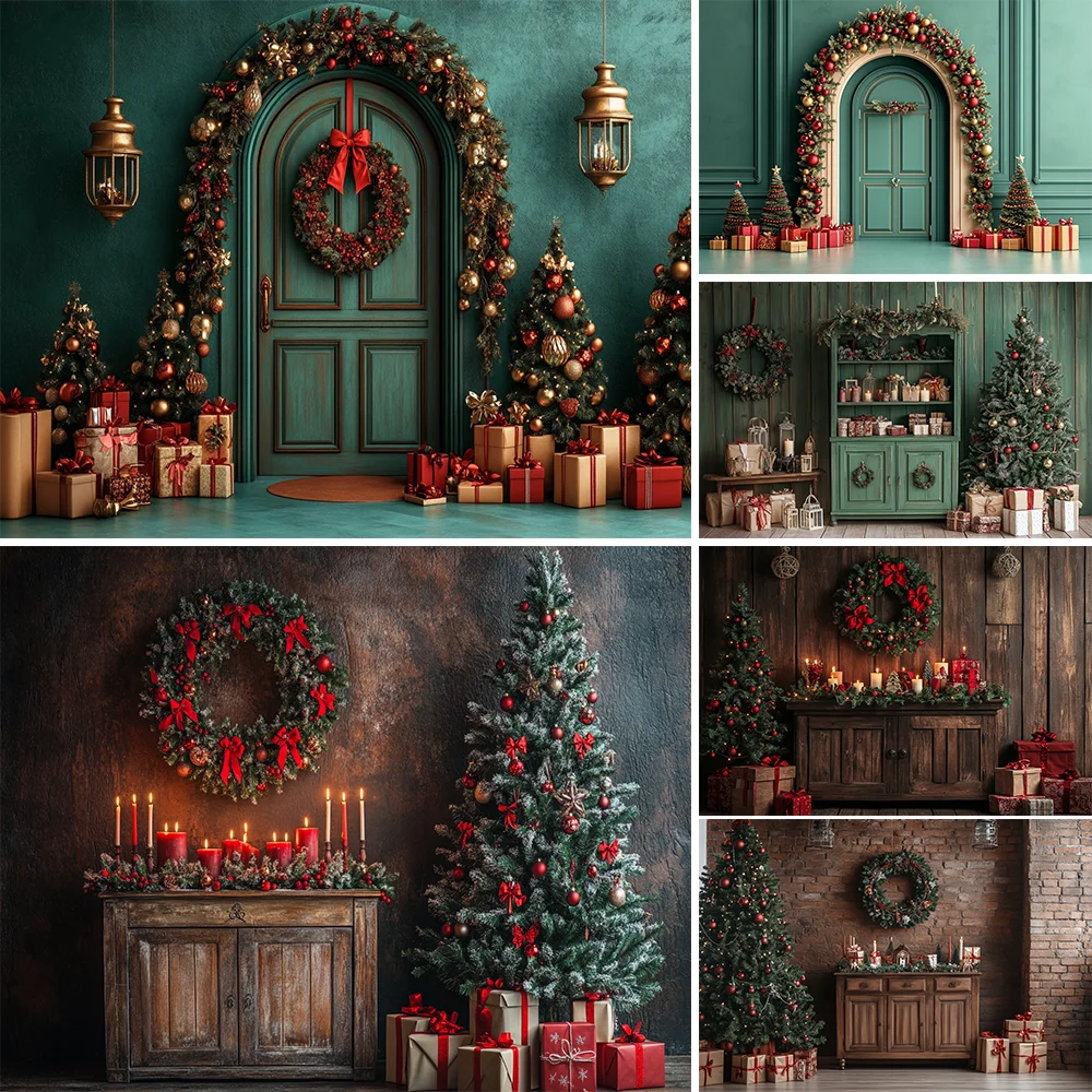 

Christmas Green Red Arch Photography Background Custom Christmas Tree Gifts Children Family Portrait Portrait Decoration Props