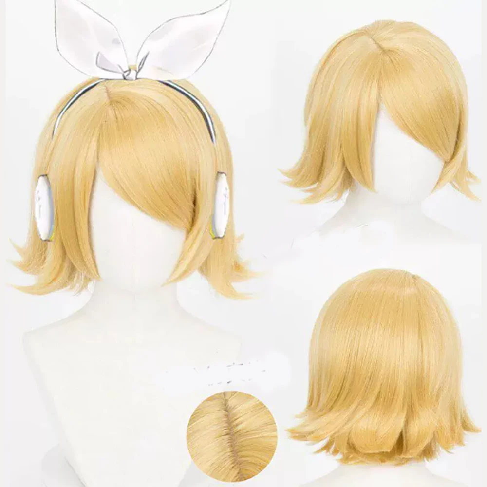 HAIRJOY Perruque synthétique Rin VOCALOID, perruque de cosplay courte blonde, filet rose