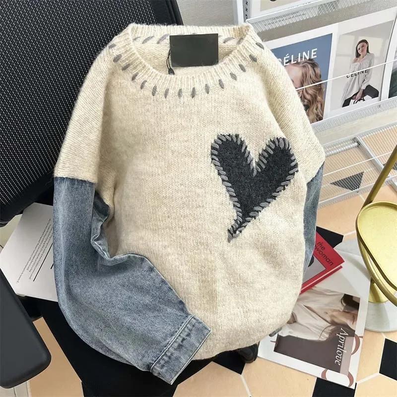 Women\'s Long Sleeve Pullover Vintage Denim Patchwork Knit Sweater Autumn Women O-Neck Heart Sweater Loose Harajuku Sweatshirt