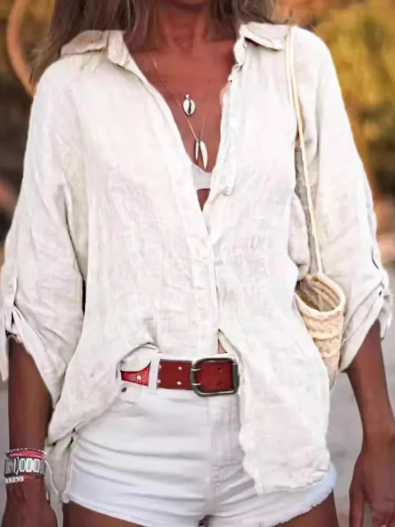 Damen-Hemd aus Baumwolle und Leinen, einfarbig, lockere Passform, sieben Ärmeln, heißer Verkauf der Saison, neuer Stil, bequem, lässig, Pendeln