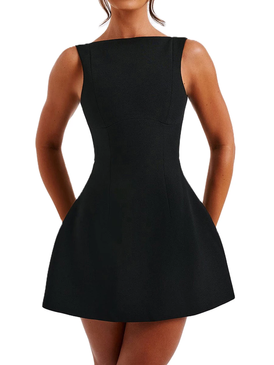 

Women’s Open Back Tunic Dress Sleeveless Solid Color Crew Neck Stretchy Dress Fit Party Club Mini Tank Dresses