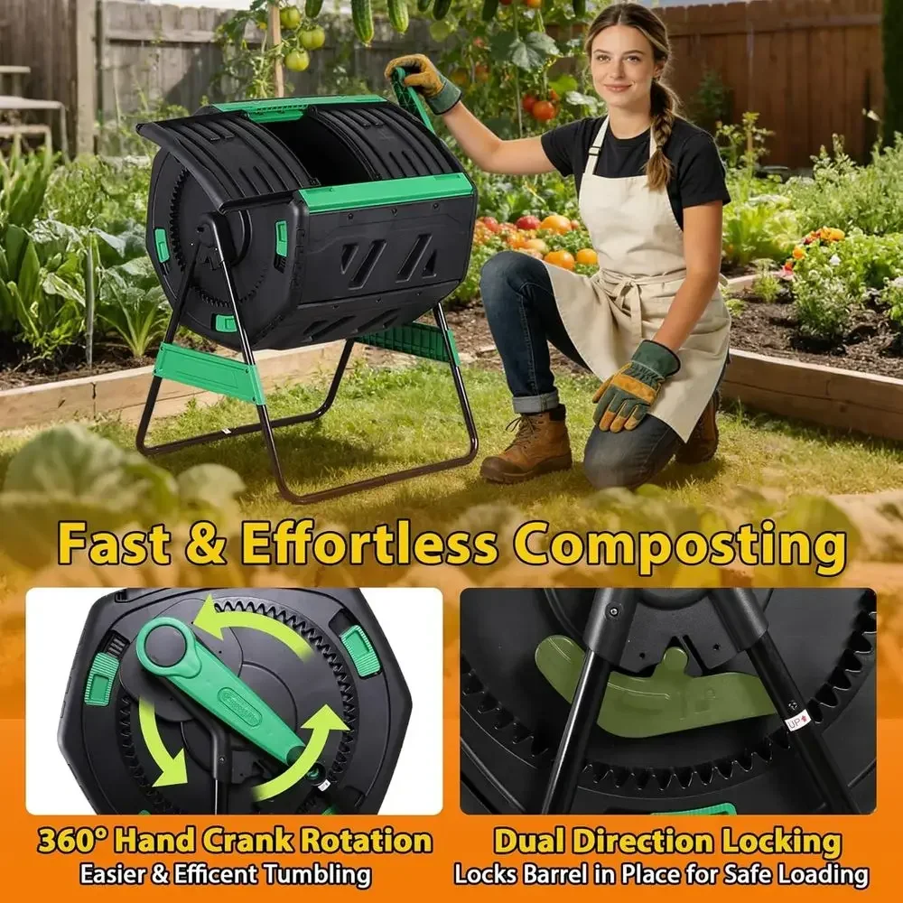 Octagonal Dual-Chamber 53 Gallon Compost Tumbler with Thermometer, Soil Tester, Gloves for Outdoor Garden Waste Recycling