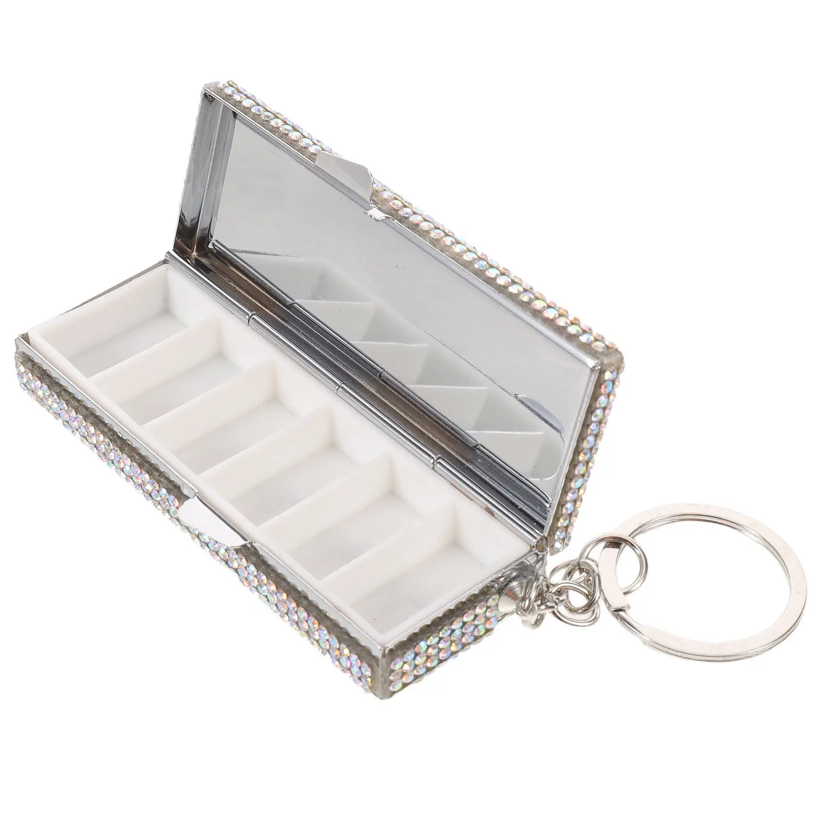 Portable 6 Compartment Aluminum Alloy Pill Box Bling Rhinestone Pill Organizer Keychain Travel Medicine Case for Women Daily
