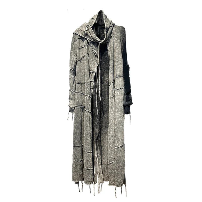 Avant-Garde Wasteland Style Clothes Women Techwear Pure Cotton Distressed Trench Coat Bottoming Shirt with Hat Long Men\'s Coat