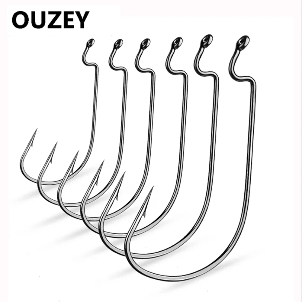 Hameçon de pêche barbelé à Long manche, 10 pièces, hameçons décalés, plates-formes Texas, appât souple en acier à haute teneur en carbone, accessoires de hameçon de plate-forme C