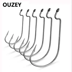10Pcs Long Handle Worm Barbed Fishing Hook Offset Fishhooks Texas Rigs High Carbon Steel Soft Bait C Rig Hook Accessories
