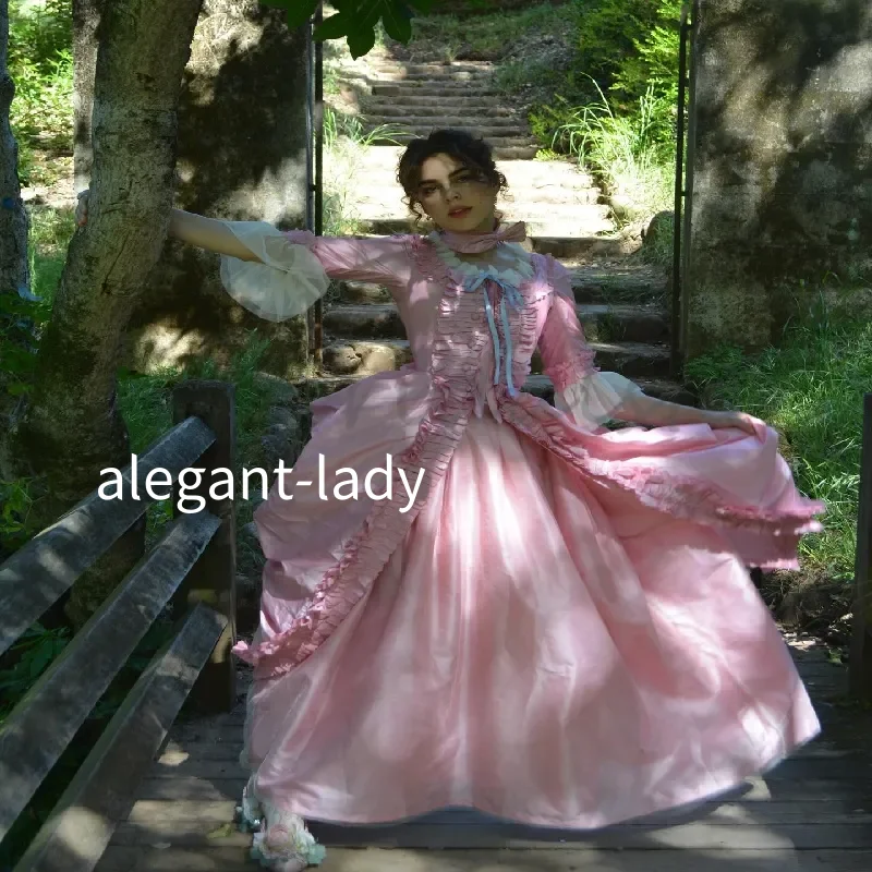 Victorian Rococo Pink Prom Dress Sleeves Revival Bustle Duchess Style Evening Dress Lace Medieval Renaissance Customised