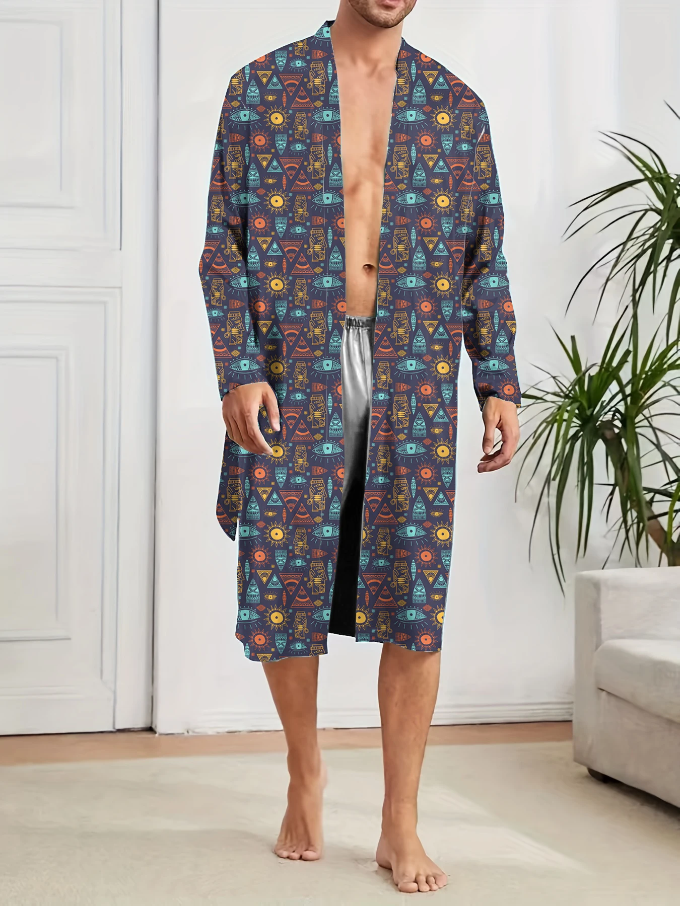 Spring and Autumn Men's Digital Printed Fun Sleeping Robe, Trendy Home Quick Drying Leisure and Entertainment Shower Robe.