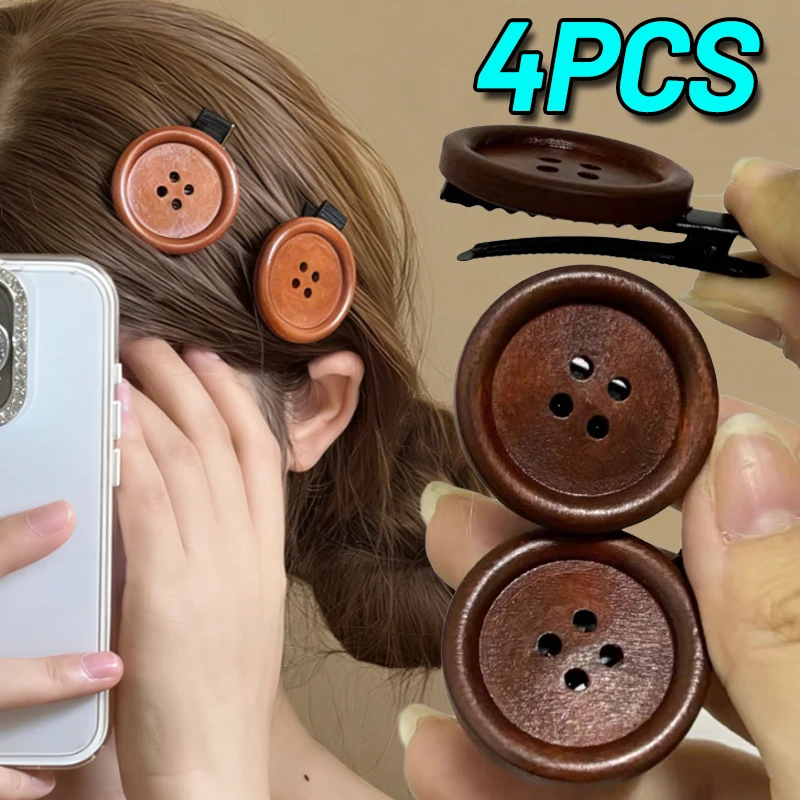 

1/2/4Pcs Funny Cute Button Hair Clip Barrettes Elegant Brown Wooden Texture Sweet Duckbill Side Clip Hairpin Fashion Headdress