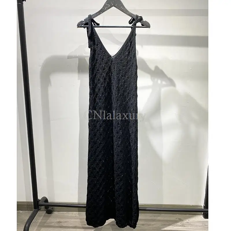 CNlalaxury Black Party Long Backless Hollow Dress Women 2023 Summer New Slim Midi French Bow Slip Dresses Femme Vestidos Mujer