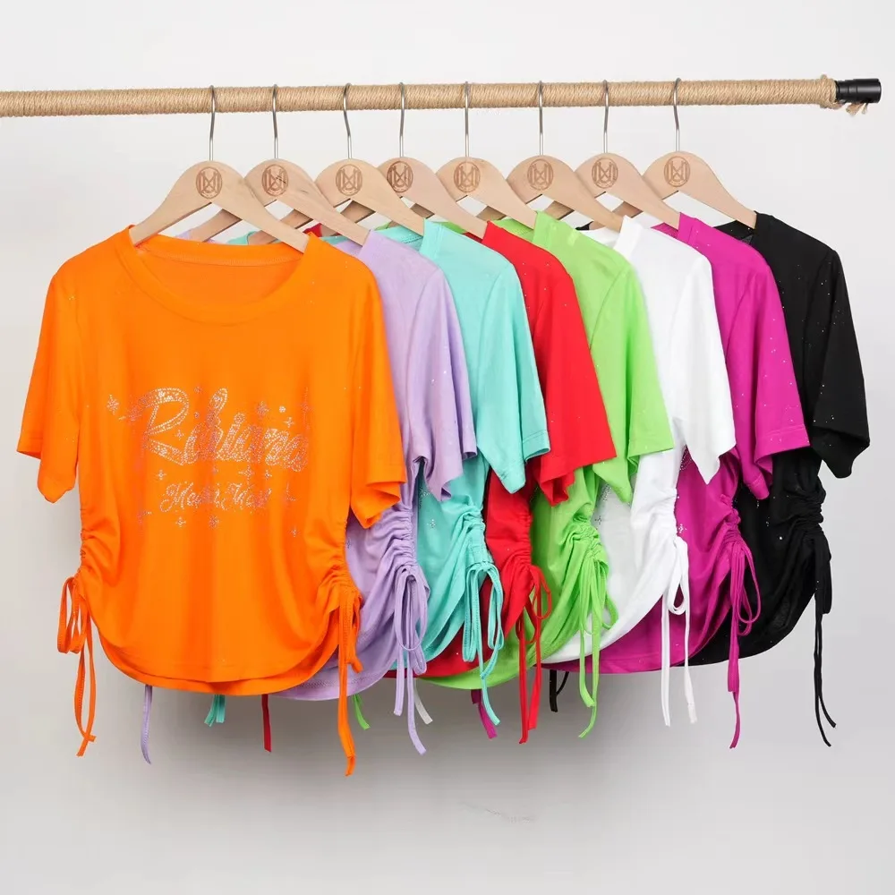 スクエアダンス半袖tシャツ-レディース-夏用-スポーツカジュアルウェア-ドローストリングウエスト-フィットネス-ヨガ-レジャーウェア