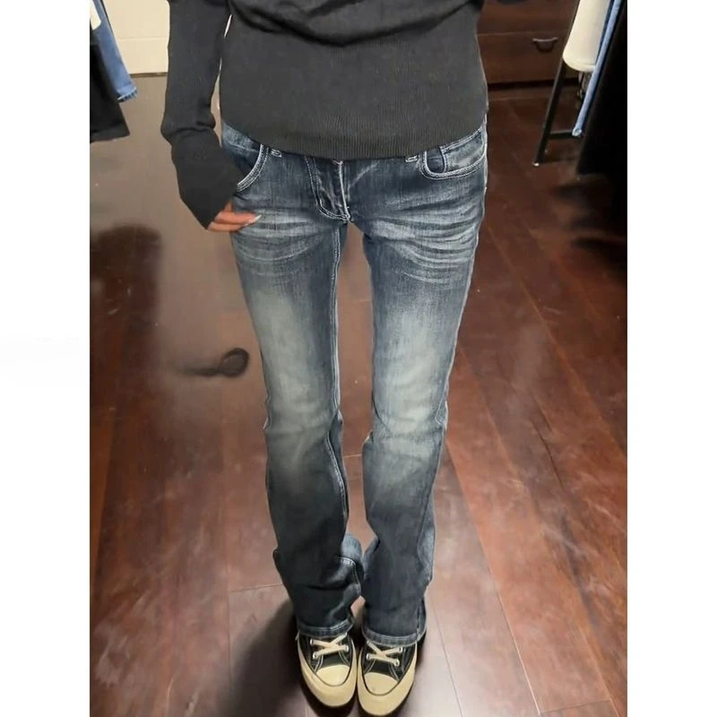 American Vintage Full-Length Jeans Women Casual Streetwear Straight Y2k Retro Long Denim Pants Distressed Bodycon Button