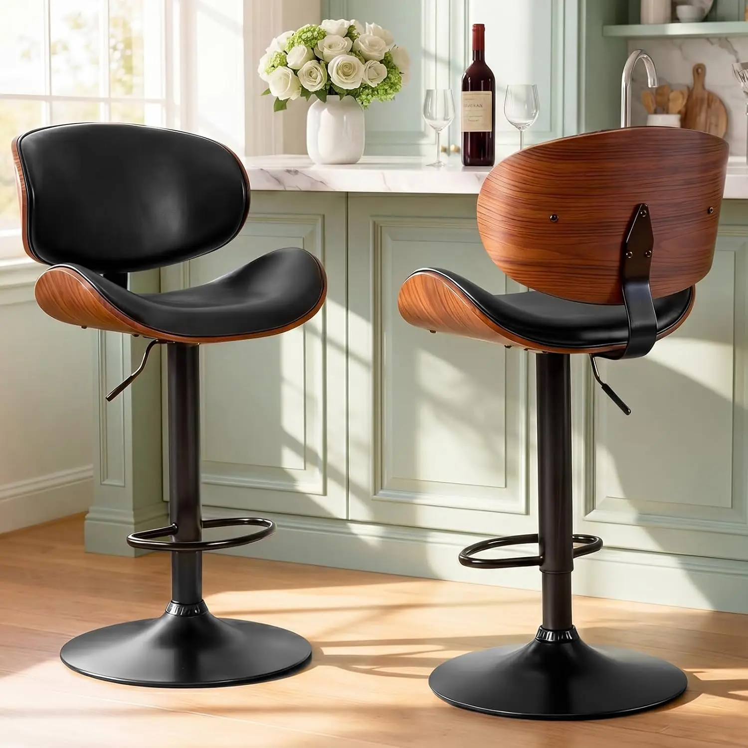 Swivel Swivel Bar Stools Set of 2, Adjustable Counter Height Bar Chairs | 24-33 Inch Adjustable Height Bar Stools with PU Leather Upholstery & Ergonomic Back Footrest for Kitchen Island, Black - Aliexpress Deal