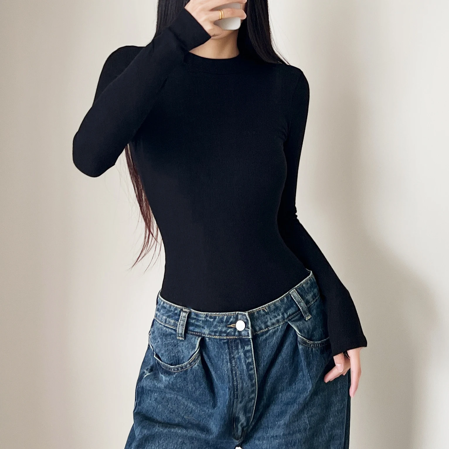 4色展開 秋冬 ラウンドネック リブ編み 長袖 ボディスーツ 裏起毛 レディース ショートジャンプスーツ スリム ロンパース ボディコン プレイスーツ