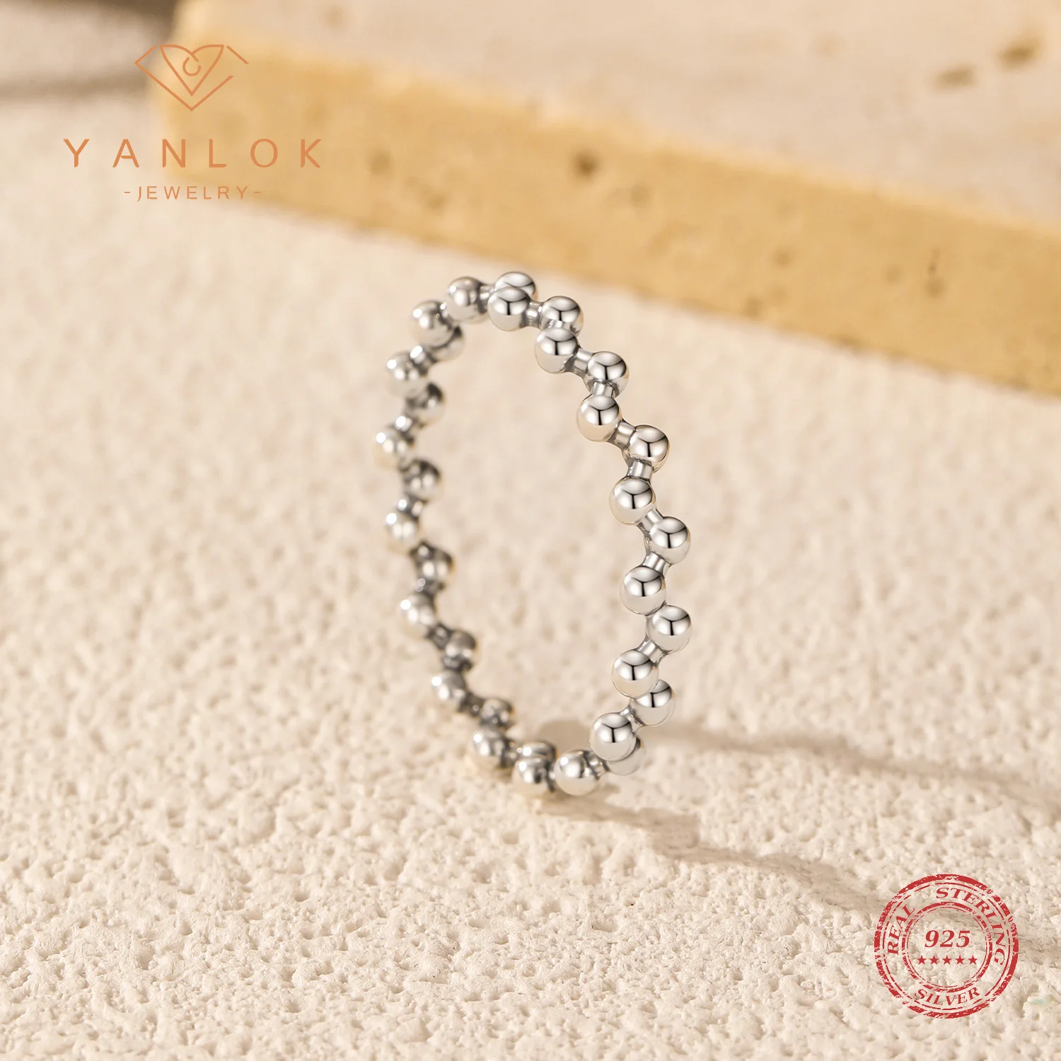 

YANLOK 925 Sterling Silver Vintage Irregular Beads Stackable Finger Rings For Women Daily OL Fine Jewelry Accessories