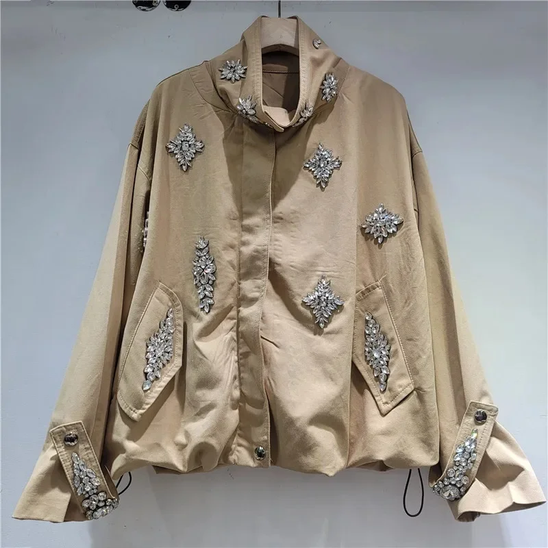 Women Khaki Spliced Diamonds Jacket Fashion Stand Collar Long Sleeve Loose Zipper Drawstring 2026 Streetwear Casual Outerwear