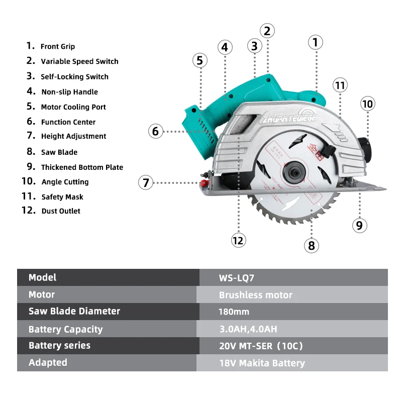 Wosai-serra circular elétrica sem escova, 20v, retirada de corte para madeira, lâmina de 7 polegadas