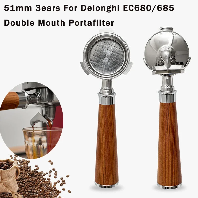 51mm 3 Ears Coffee Portafilter for Delonghi Dedica Ec680/685 Coffee Machine Stainless Steel Double Spout Coffee Handle Utensil