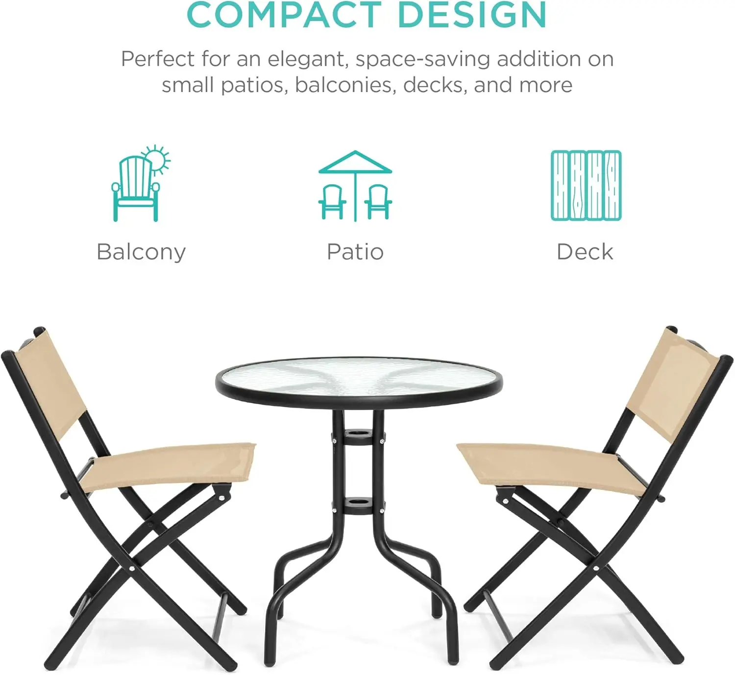 3-Piece Patio Bistro Dining Furniture Set w/Textured Glass Tabletop, 2 Folding Chairs, Steel Frame, Polyester Fabric