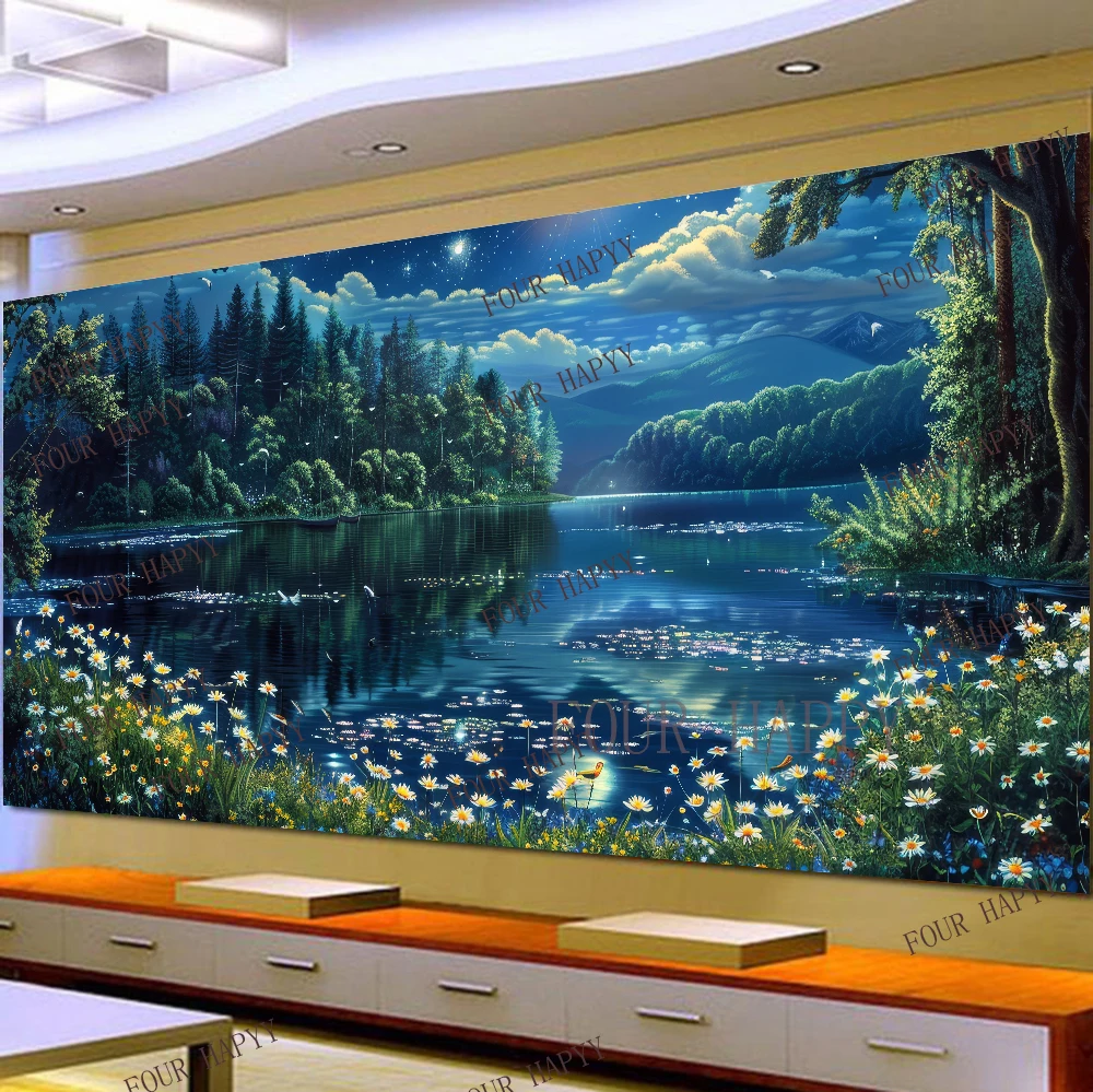 5D DIY Large Diamond Painting, Landscape Wall Art, Full Round Drill, Embroidery, Beautiful, Peaceful, Night, Lake, Home Decor