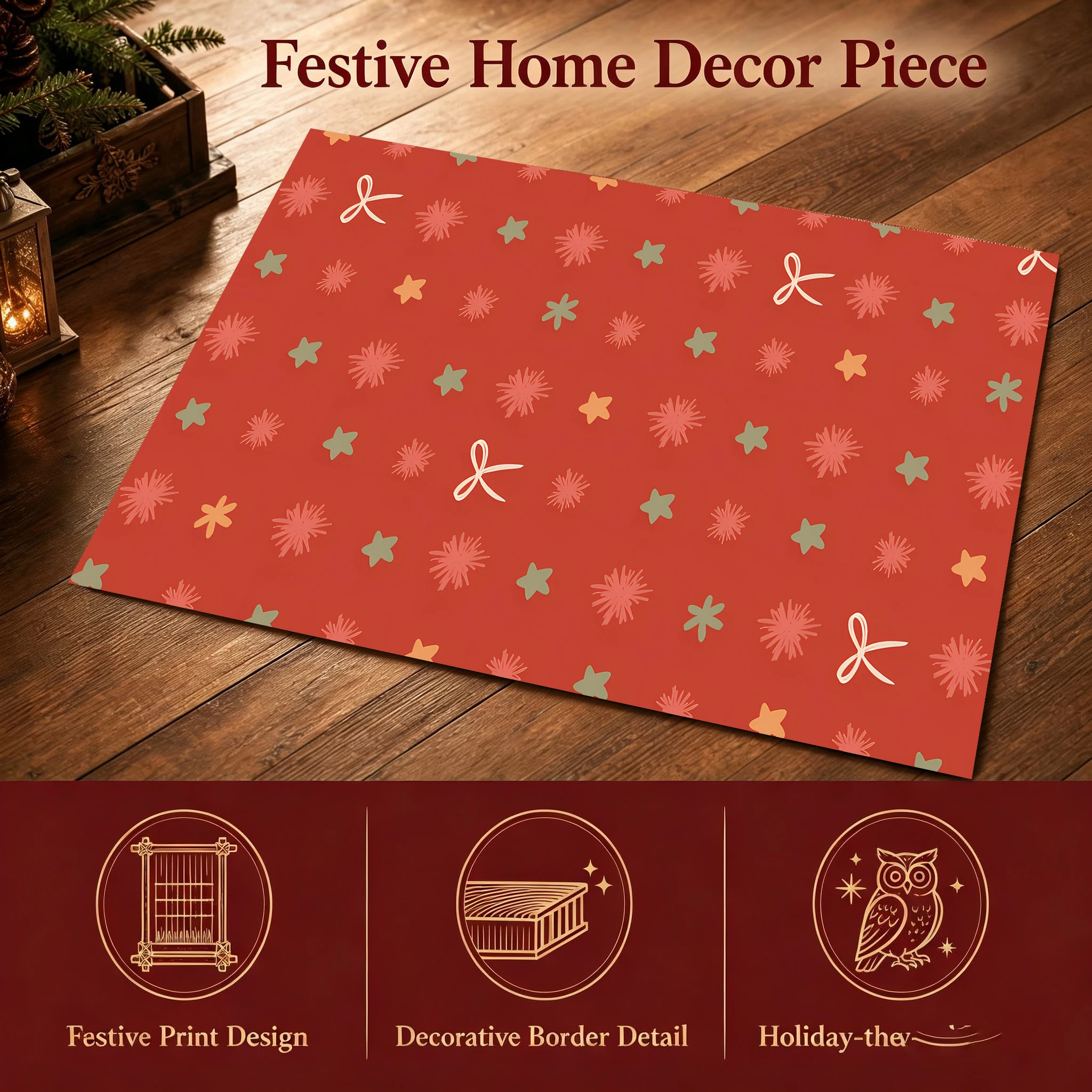 Velvet Rug Red Base Star Bow Floral Pattern Festive for Entrance Bedroom Living Room Home Decoration