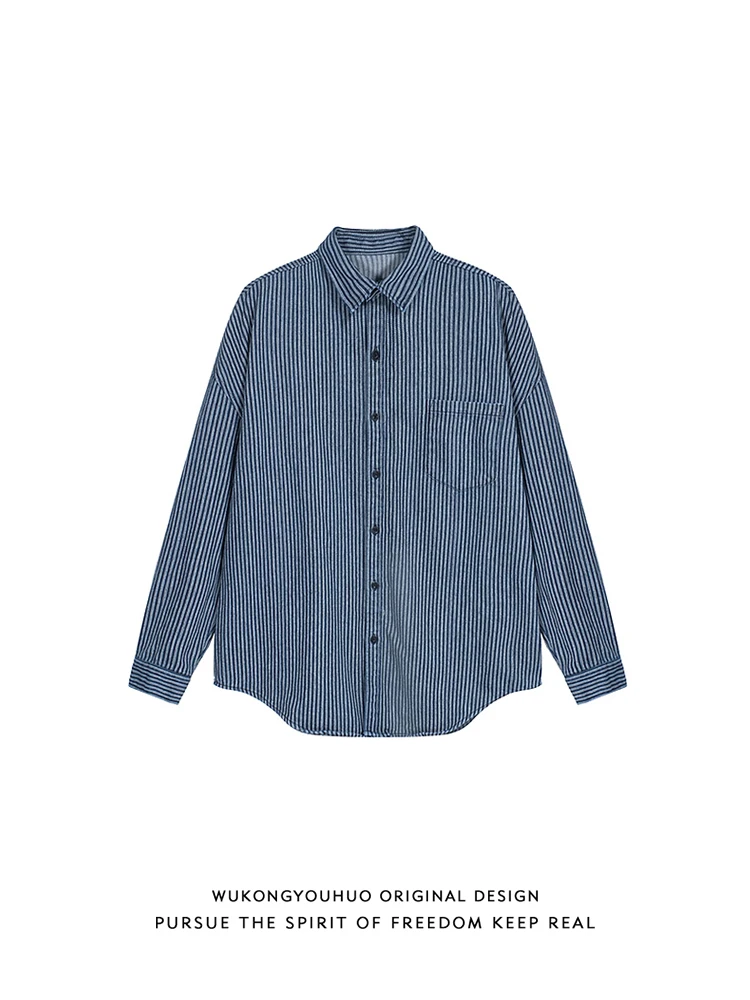 

Мужская джинсовая рубашка свободного кроя в винтажном стиле с полосатым узором, осенняя универсальная верхняя одежда, молодежный классический воротник