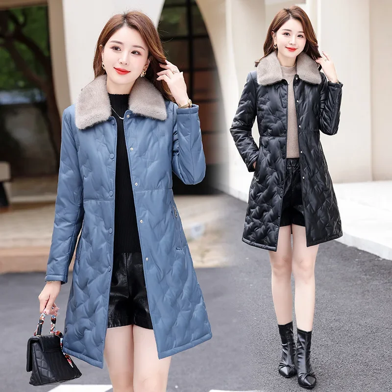 Winter 90% White Duck Down Jacket Women Thickened Mid-length Elegant Fashion Leather Jackets Woman Clothes Warm Mink Fur Collar