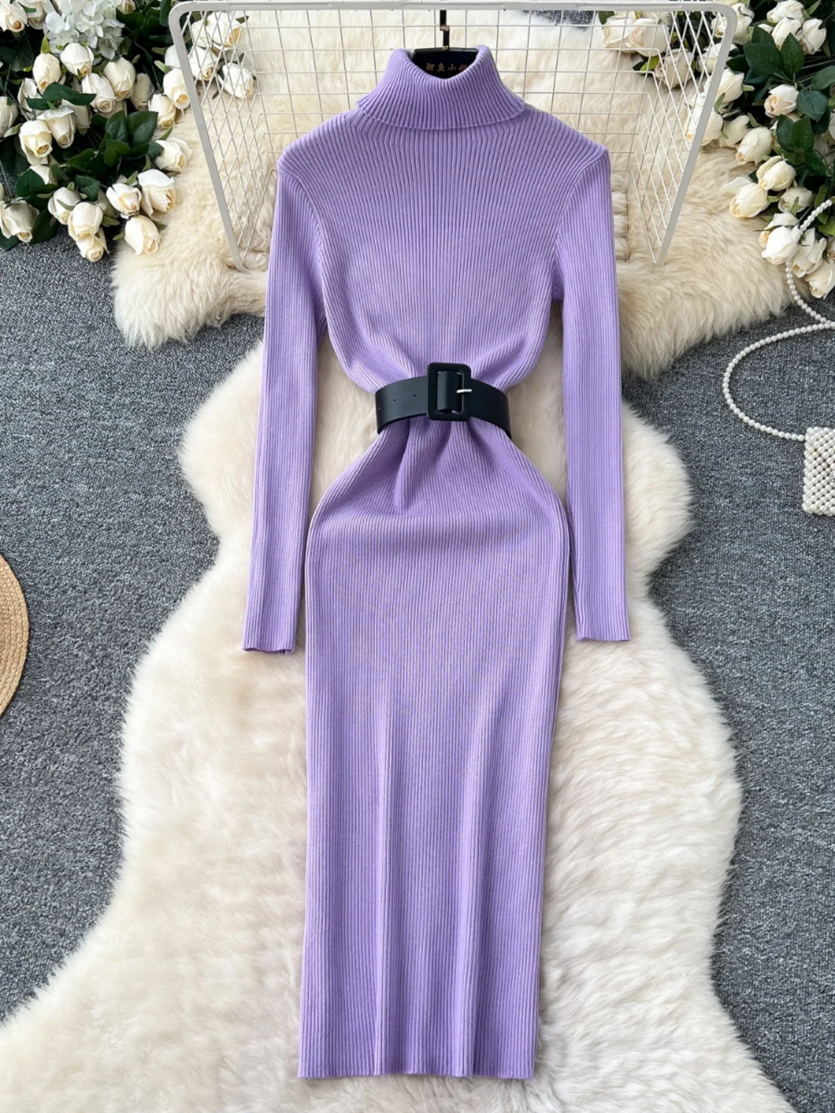 เสื้อไหมพรมคอสูงทรงเอ สไตล์เกาหลี สำหรับผู้หญิง ใส่เป็นเสื้อตัวในช่วงฤดูหนาว ทรงเข้ารูป มีเข็มขัด ผลิตจากเส้นใยโพลีเอสเตอร์ แขนยาว