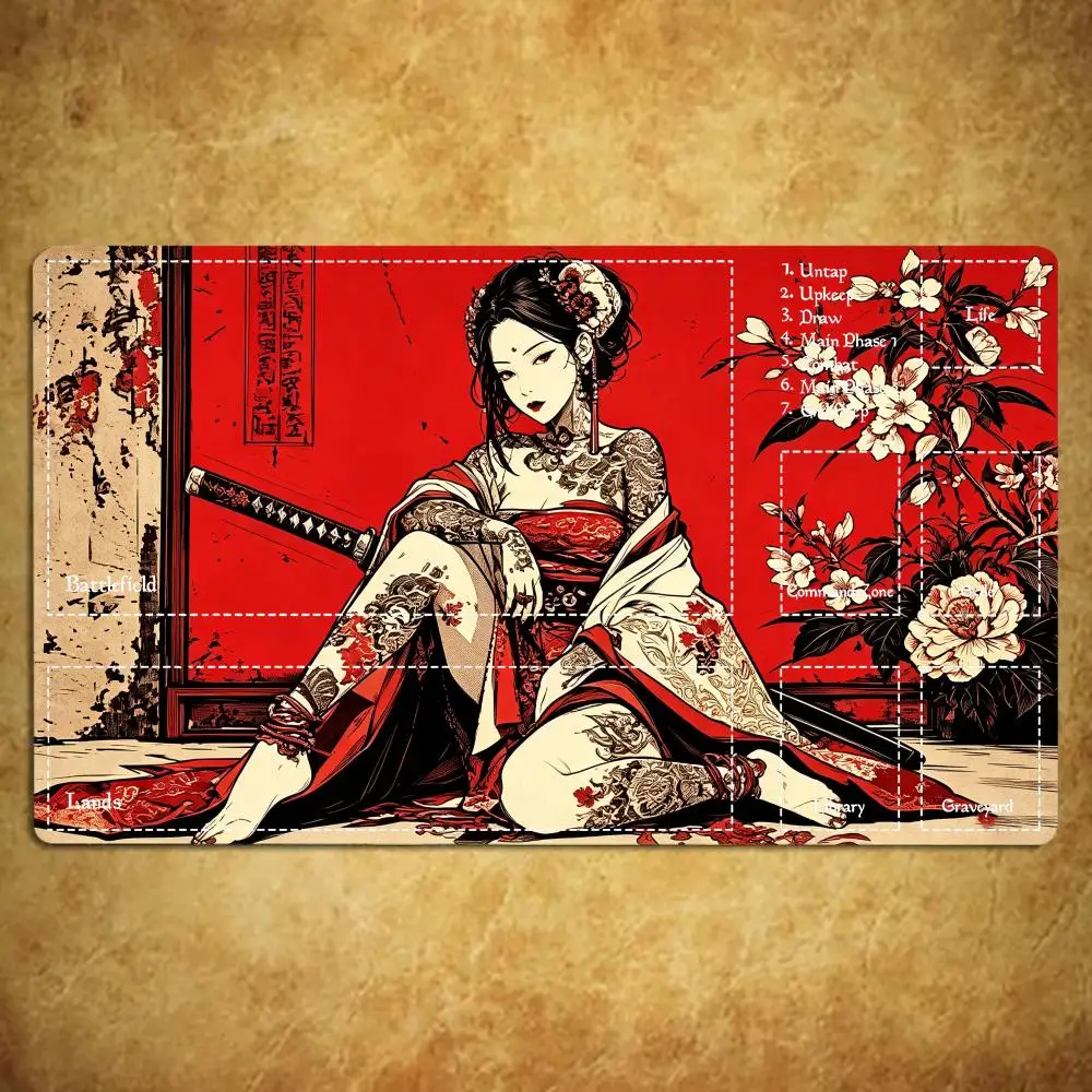 Japanese Geisha Samurai Extended Game Playmat Non‑Slip Table Surface Ukiyo‑e Floral Art Print For Trading Card Collectible