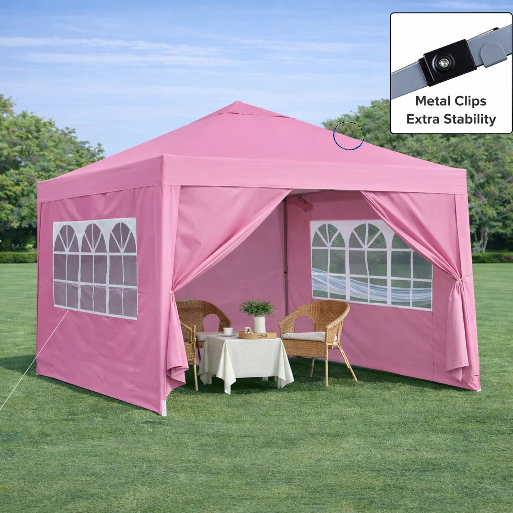 ！@Outdoor 10x10Ft Modern Metal Pop Gazebo Canopy Tent with Removable Zipper Sidewalls 2 Windows 4 Sand Bags & Carry Bag