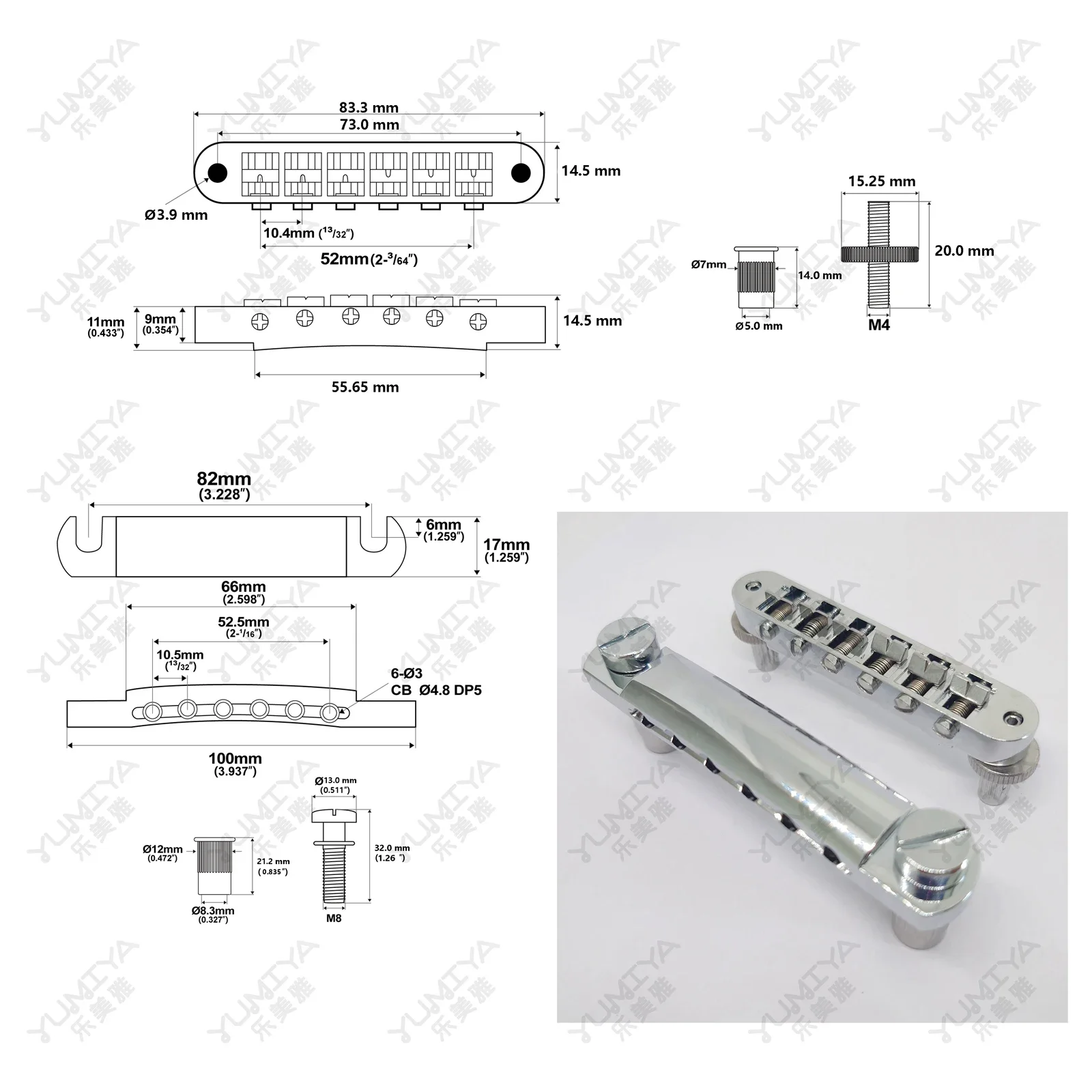 Guitar Fixed Saddle Bridge Tailpiece Set, ABR-1 Style, Tune-O-Matic, Chrome for ABR LP SG EPi, Electric Guitar