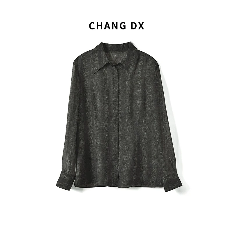 

ChangDX Silk irt Thin Summer Top Skin-friendly Breathable Collar Long Sve Loose Fit Women's Premium Faion