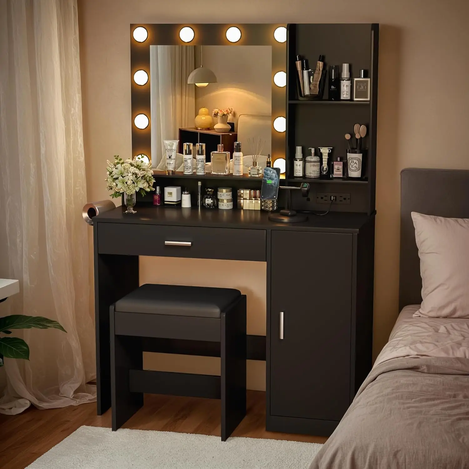 Mirror and LED Lights, Makeup Desk with a Spacious Drawer, Dressing Table with Hairdryer Holder and Power Outlet, 3 Lighting Mod