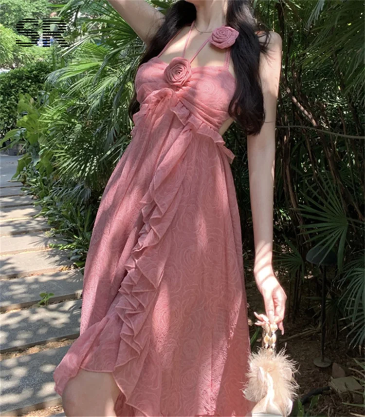 فستان صيفي غير منتظم بدون ظهر من SINGREINY فستان نسائي أنيق وردي أنيق بحزام زهرة نحيف للسيدات من قماش الجاكار على شكل حرف A #6