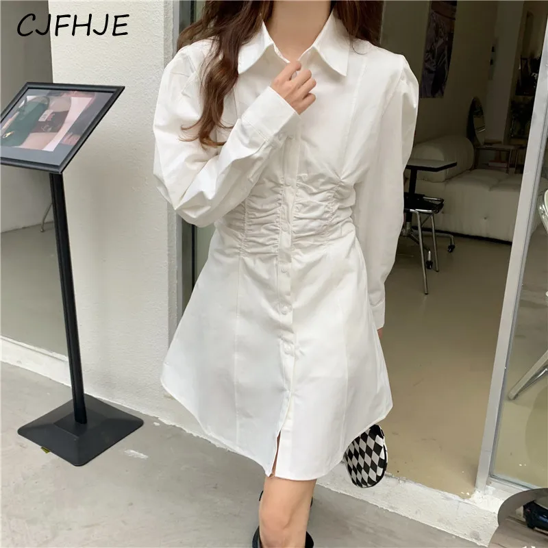 CJFHJE elegante vestido de camisa branca para mulheres, coreano One Piece Dobras, mini vestido casual fino, vestidos de festa, Y2K Design, novo, outono